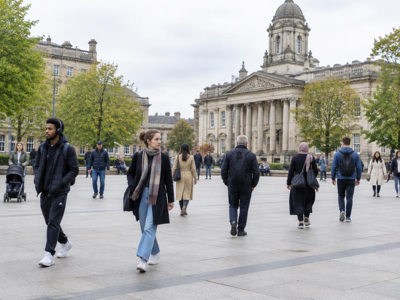 People crossing a public square in a British city
