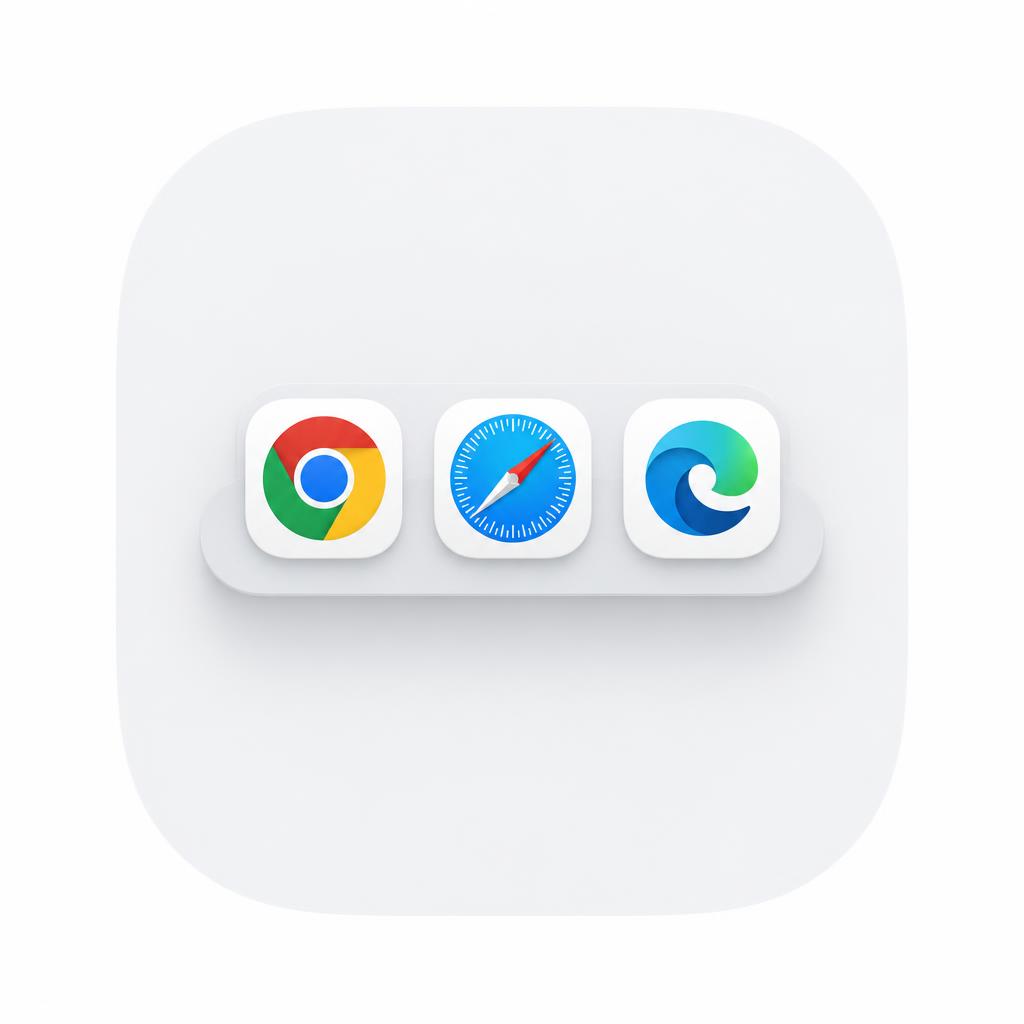 Illustration of Google Chrome, Safari and Microsoft Edge browser icons in an app dock (AI-generated image)